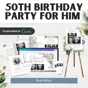 50th Birthday Party For Him Bundle, Blue Welcome Sign for Him, Modern Editable Party Invitation, Canva Customizable Banner, Any Age Design
