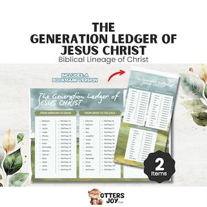 May include: A two-item set featuring a ledger titled "The Generation Ledger of Jesus Christ" with the subtitle "Biblical Lineage of Christ." The set includes a bookmark version. The ledger lists names and biblical references.