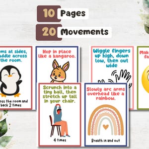 Puede incluir: Un colorido gr&aacute;fico educativo con instrucciones de ejercicios. El gr&aacute;fico incluye ilustraciones de un ping&uuml;ino, un conejo, una persona estir&aacute;ndose, un arco&iacute;ris y una carita sonriente. El texto en el gr&aacute;fico dice "10 P&aacute;ginas, 20 Movimientos".