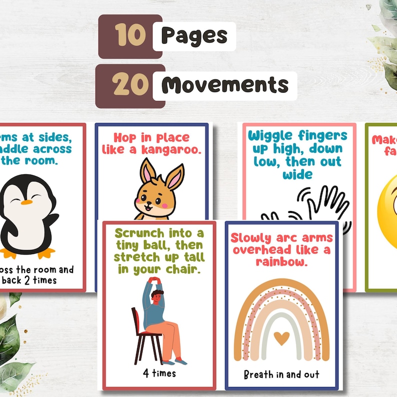 Puede incluir: Un colorido gr&aacute;fico educativo con instrucciones de ejercicios. El gr&aacute;fico incluye ilustraciones de un ping&uuml;ino, un conejo, una persona estir&aacute;ndose, un arco&iacute;ris y una carita sonriente. El texto en el gr&aacute;fico dice "10 P&aacute;ginas, 20 Movimientos".