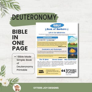 May include: A printable educational sheet titled Bible in One Page Book of Numbers featuring sections on God's guidance, complaints, the 12 spies, the bronze snake, and a new generation with colorful illustrations of a tabernacle and desert scenes.