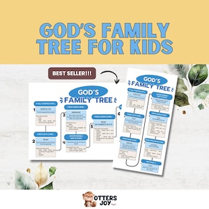 Op de afbeelding: Een visueel hulpmiddel getiteld "God's Family Tree for Kids" met een lichtblauwe en gele achtergrond. De afbeelding toont een stamboomdiagram met namen als Adam & Eva, Abraham en Noach. De tekst "Best Seller!!!" is ook aanwezig.
