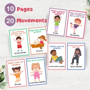 Puede incluir: Un conjunto de 10 tarjetas coloridas con ilustraciones de ni&ntilde;os realizando diferentes ejercicios. Cada tarjeta tiene instrucciones en espa&ntilde;ol para el ejercicio, como "Haz c&iacute;rculos grandes con los brazos" (Haz c&iacute;rculos grandes con los brazos) y "Finge que remas un bote" (Finge que remas un bote).