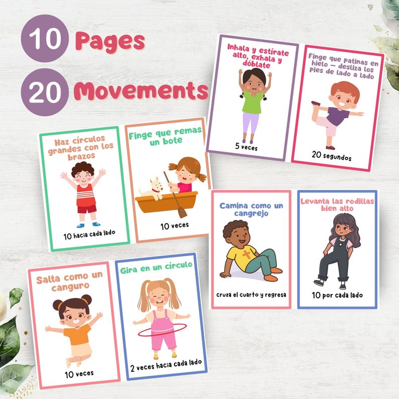 Puede incluir: Un conjunto de 10 tarjetas coloridas con ilustraciones de ni&ntilde;os realizando diferentes ejercicios. Cada tarjeta tiene instrucciones en espa&ntilde;ol para el ejercicio, como "Haz c&iacute;rculos grandes con los brazos" (Haz c&iacute;rculos grandes con los brazos) y "Finge que remas un bote" (Finge que remas un bote).