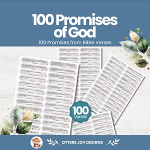 May include: A set of printed sheets featuring 100 Promises of God and 100 Promises from Bible Verses. The pages contain numerous oval-shaped text labels with scripture references, decorated with watercolour-style green and yellow leaves.