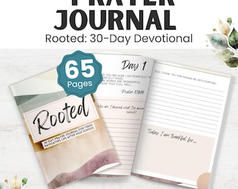 Puede incluir: Un diario de oración "Rooted" para adolescentes, con un devocional de 30 días. La portada muestra la palabra "Rooted" en escritura cursiva, con un diseño de acuarela. El diario tiene 65 páginas.
