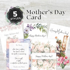5 Pretty Floral Mother's Day Cards, Printable for Moms Day Celebration, May 11 Pink Gift, Cute Cards For Mums, Beautiful Greeting Card, Her