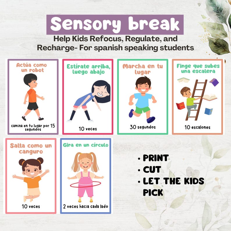 Puede incluir: Cartas imprimibles coloridas con ilustraciones de ni&ntilde;os realizando diferentes actividades de descanso sensorial. Las tarjetas incluyen instrucciones en espa&ntilde;ol, como "Act&uacute;a como un robot" y "Est&iacute;rate arriba, luego abajo". Tambi&eacute;n se incluye el texto "IMPRIMIR, CORTAR, DEJAR QUE LOS NI&Ntilde;OS ELIJAN".