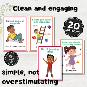 Puede incluir: Un conjunto de 20 tarjetas imprimibles con instrucciones ilustradas para actividades de movimiento. Las tarjetas presentan ilustraciones coloridas de ni&ntilde;os realizando las actividades. El texto en las tarjetas est&aacute; en espa&ntilde;ol. Las tarjetas est&aacute;n dise&ntilde;adas para ser simples y atractivas para los ni&ntilde;os.