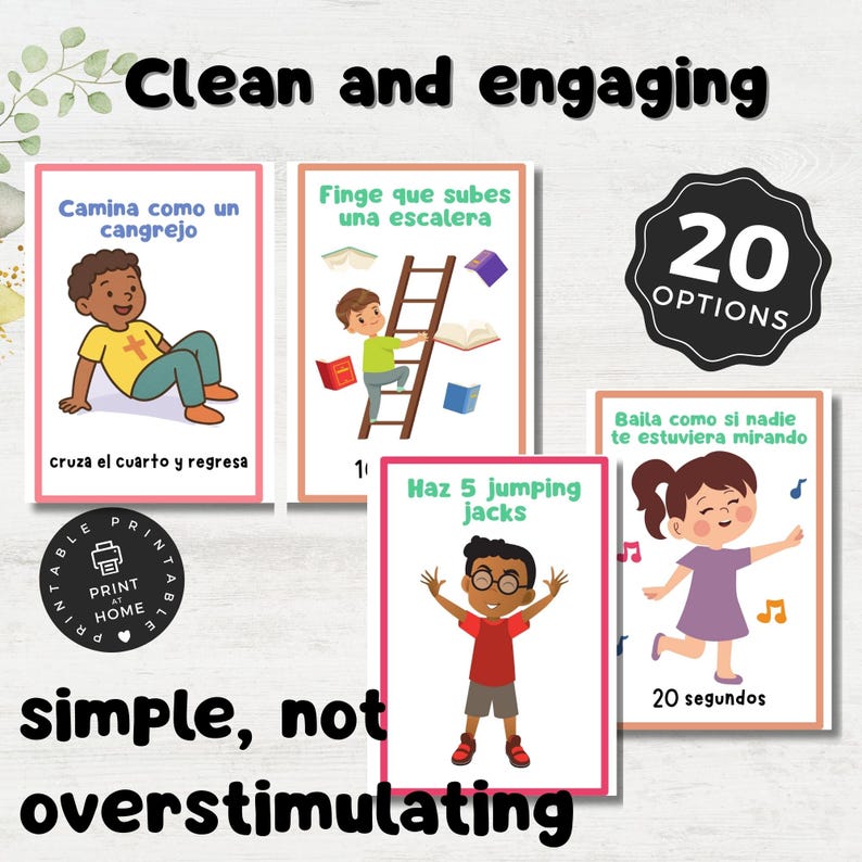 Puede incluir: Un conjunto de 20 tarjetas imprimibles con instrucciones ilustradas para actividades de movimiento. Las tarjetas presentan ilustraciones coloridas de ni&ntilde;os realizando las actividades. El texto en las tarjetas est&aacute; en espa&ntilde;ol. Las tarjetas est&aacute;n dise&ntilde;adas para ser simples y atractivas para los ni&ntilde;os.