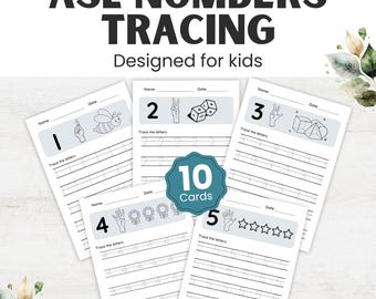 May include: Educational worksheets for ASL numbers tracing designed for kids. The pages feature large numbers, hand signs, and counting illustrations with lines for practice. A central teal badge indicates 10 cards. Text includes ASL NUMBERS TRACING, Designed for kids, Name, Date, and Trace the letters.