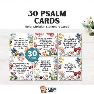 May include: A set of 30 square cards featuring watercolor floral illustrations and printed Bible verses. The text includes Psalm 34:8, Psalm 139:14, Psalm 37:4, Psalm 19:14, Psalm 46:1, and Psalm 23:1. A teal circular badge indicates 30 Cards.