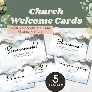 5 Welcome Cards For Church In Different Languages, Christian, Multi-Language Connect Cards, Printable, Spanish, Chinese, Tagalog, French