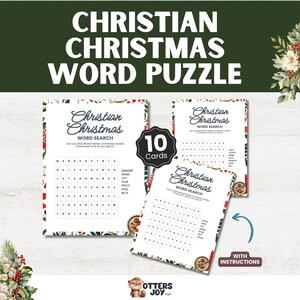 May include: A set of 10 Christian Christmas word search puzzle cards featuring a festive border of holly and berries. Each card includes a grid of letters, a list of words to find, and the text Christian Christmas Word Search. Includes instructions.