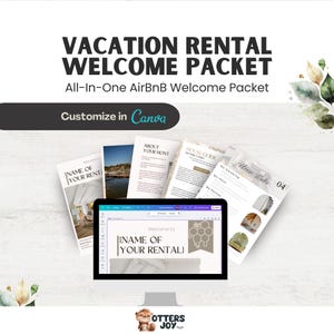 Op de afbeelding: Een digitaal welkomstpakket-sjabloon voor vakantiewoningen met de tekst VACATION RENTAL WELCOME PACKET, All-In-One AirBnB Welcome Packet en Customize in Canva. Het scherm toont meerdere paginalay-outs waaronder About Your Host, House Guide en House Rules.