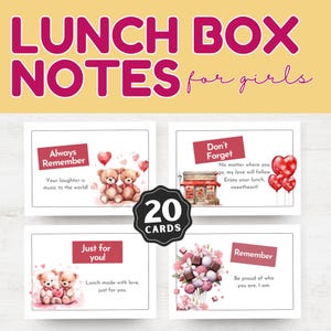 Puede incluir: Veinte tarjetas ilustradas con mensajes alentadores para niñas. Las tarjetas presentan osos de peluche, flores y corazones. El texto en las tarjetas incluye frases como "Always Remember", "Don't Forget", "Just for you", y "Remember".