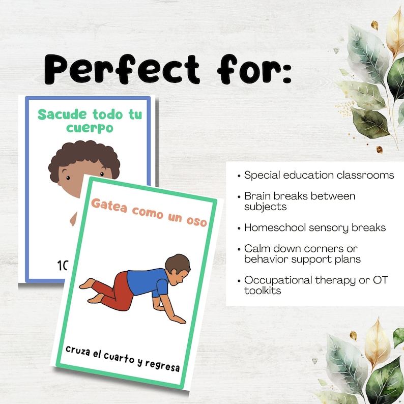 Puede incluir: Dos tarjetas coloridas con ilustraciones y texto en espa&ntilde;ol. La primera tarjeta muestra a una persona sacudiendo su cuerpo y el texto "Sacude todo tu cuerpo". La segunda tarjeta muestra a una persona gateando a cuatro patas y el texto "Gatea como un oso".