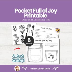 以下が含まれることがあります： Pocket Full of Joyと題された8ページのキリスト教SELレッスン用印刷物。様々な花の白黒線画、Joyという文字が入ったポケットのテンプレート、切り貼り作業のための説明文が含まれています。