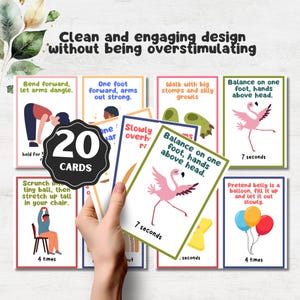 Puede incluir: Un conjunto de 20 tarjetas de ejercicios con ilustraciones e instrucciones. Las tarjetas presentan dise&ntilde;os coloridos y texto, incluyendo frases como "Equilibrio sobre un pie, manos sobre la cabeza". Tambi&eacute;n es visible el texto "Dise&ntilde;o limpio y atractivo sin ser sobreestimulante".