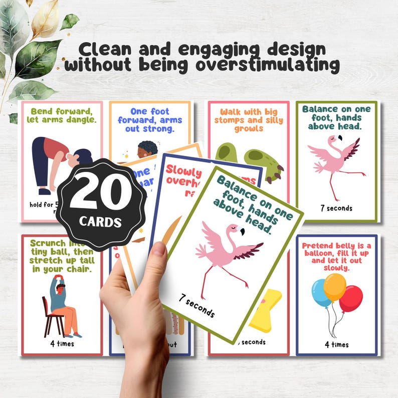 Puede incluir: Un conjunto de 20 tarjetas de ejercicios con ilustraciones e instrucciones. Las tarjetas presentan dise&ntilde;os coloridos y texto, incluyendo frases como "Equilibrio sobre un pie, manos sobre la cabeza". Tambi&eacute;n es visible el texto "Dise&ntilde;o limpio y atractivo sin ser sobreestimulante".