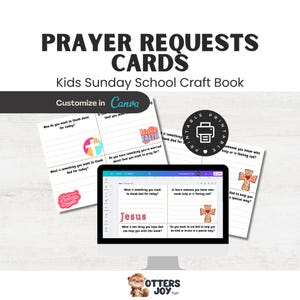 May include: A printable craft book for kids' Sunday school, featuring prayer request cards. The cards include prompts like "What is something you want to thank God for today?" and "Do you have something you're worried about?" The design incorporates crosses and the word "Jesus".