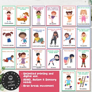 Puede incluir: Un conjunto de 16 tarjetas imprimibles coloridas con ilustraciones de ni&ntilde;os realizando diferentes actividades f&iacute;sicas. Cada tarjeta presenta un t&iacute;tulo en espa&ntilde;ol, una descripci&oacute;n de la actividad y un n&uacute;mero de repeticiones o duraci&oacute;n. Las tarjetas est&aacute;n dise&ntilde;adas para su uso en educaci&oacute;n f&iacute;sica, terapia o actividades en el hogar.