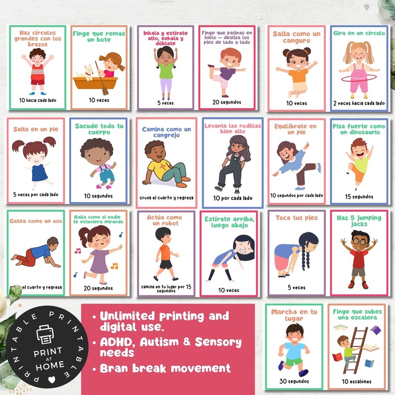 Puede incluir: Un conjunto de 16 tarjetas imprimibles coloridas con ilustraciones de ni&ntilde;os realizando diferentes actividades f&iacute;sicas. Cada tarjeta presenta un t&iacute;tulo en espa&ntilde;ol, una descripci&oacute;n de la actividad y un n&uacute;mero de repeticiones o duraci&oacute;n. Las tarjetas est&aacute;n dise&ntilde;adas para su uso en educaci&oacute;n f&iacute;sica, terapia o actividades en el hogar.