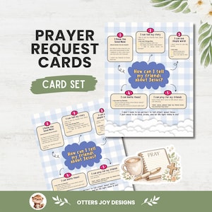 Pode incluir: Dois cartões de pedidos de oração com fundo xadrez azul claro e uma forma de nuvem central com o texto How can I tell my friends about Jesus? rodeado por cinco caixas numeradas com mensagens religiosas, além de um adesivo de café e caderno.