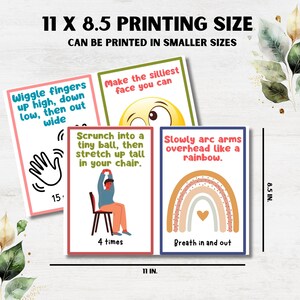 Puede incluir: Un conjunto de tarjetas de ejercicios coloridas con instrucciones e ilustraciones. Las tarjetas incluyen texto como "Wiggle fingers up high, down low, then out wide" y "Scrunch into a tiny ball, then stretch up tall in your chair." Las tarjetas miden 28 cm x 22 cm.