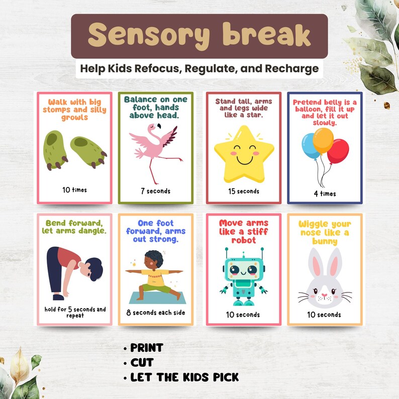 Puede incluir: Un conjunto de ocho tarjetas coloridas con ejercicios de descanso sensorial para ni&ntilde;os. Cada tarjeta presenta una actividad diferente con ilustraciones e instrucciones, como pisar fuerte, equilibrarse y fingir ser un robot. Las tarjetas ayudan a los ni&ntilde;os a concentrarse.