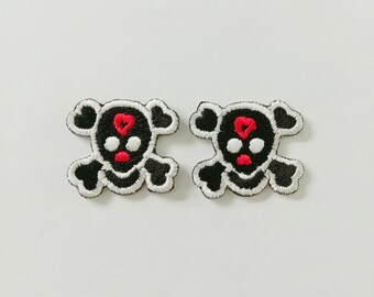 Small Black Skull Iron On Patch, Skeleton Badge (Set of 2)
