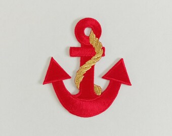 Parche termoadhesivo de ancla rojo/dorado: aplique náutico (5,5 cm x 6,5 cm)