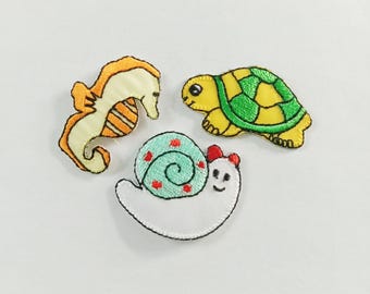 Set of 3 Animal Iron On Patches : Seahorse, Turtle, Snail
