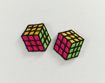 Set of 2: Embroidered Tiny Rubik Cube Iron On Patch