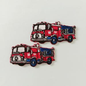 Set of 2 Small Fire Truck Iron on Patch Badge, Embroidered Fire Truck Patch (5.5 cm. x 2.8 cm.)