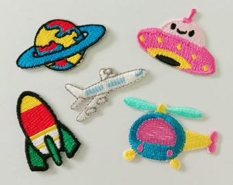 Iron On Patch Set, Airplane, Rocket, Helicopter, Saturn (Set of 5)