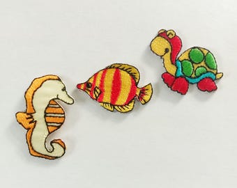 Set of 3 Animal Iron On Patches : Seahorse, Fish, Turtle