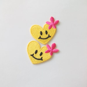 Set of 2 Smiley Heart Patch, Decorated Heart Patch, Happy Heart Iron on Patch Badge (3.7 cm. x 3.5 cm.)