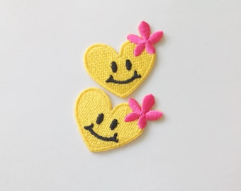Smiley Heart Iron-On Patch with Flower, Set of 2