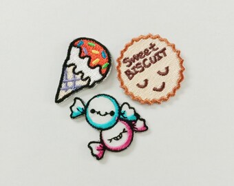 Set of 3 Food Iron On Patch : Ice Cream Cone, Biscuit, Candy Applique