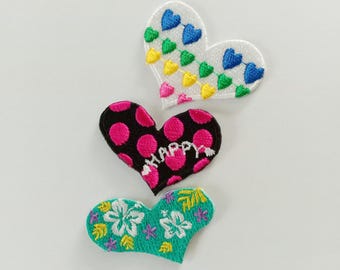 Set of 3: Embroidered Heart Iron-On Patch, Colorful Applique