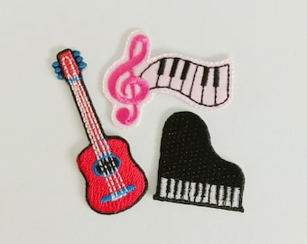 Music Iron On Patch Set: Guitar, Piano, Note Applique (Set of 3)