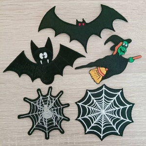 Halloween Aufnäher: Fledermaus, Hexe, Spinnennetz Applikation