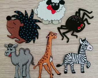 Embroidered Animal Iron-On Patches: Hedgehog, Sheep, Spider, Camel, Giraffe, Zebra