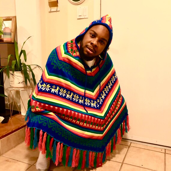 70's rainbow stripe hooded poncho tassels | large