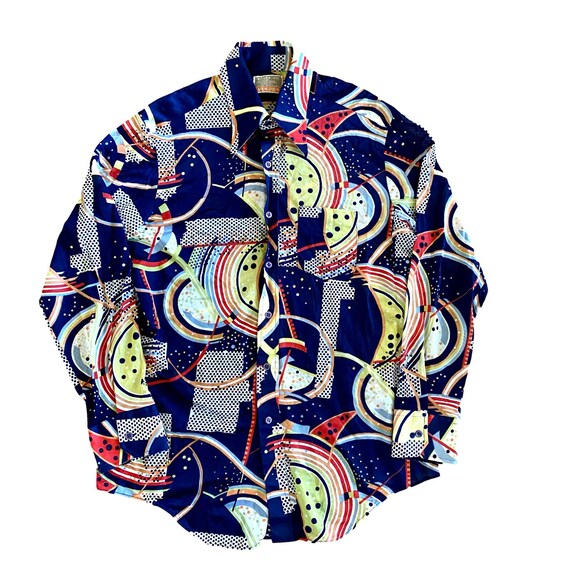 70's mens psychadelic colorful print pointed colla