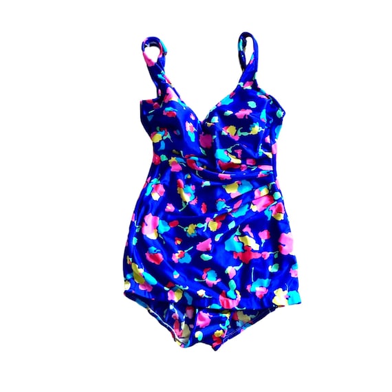60's neon purple floral swimsuit | medium