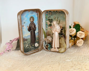 St Francis of Assisi Altered Altoid Tin, Assemblage Art, Retablo, Nicho, Rosary Box, Travel Alter, Prayer Tin