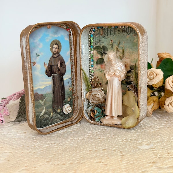 St Francis of Assisi Altered Altoid Tin, Assemblage Art, Retablo, Nicho, Rosary Box, Travel Alter, Prayer Tin