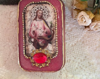 Pink Jesus Pocket Shrine, Altered Altoid Tin, Assemblage Art, Retablo, Nicho, Rosary Box, Travel Alter, Prayer Tin